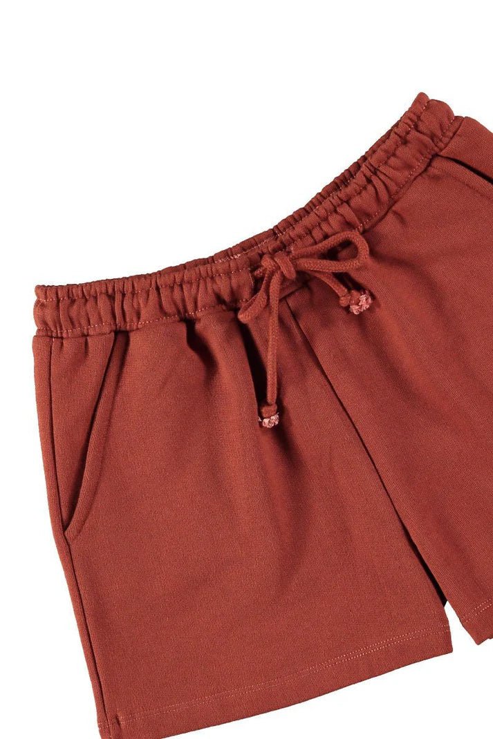 Pantalon corto rojo rooibos de lino y algodon organico detalle
