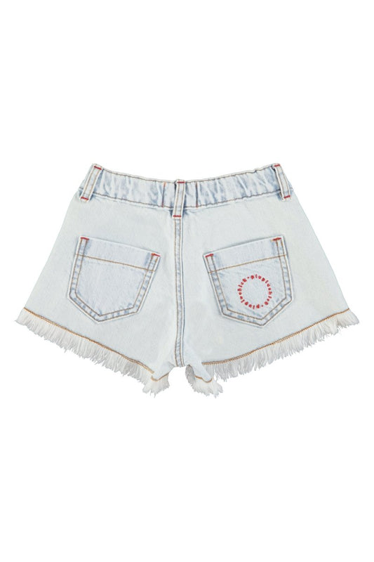 Pantalon corto con flecos denim azul claro lavado trasera