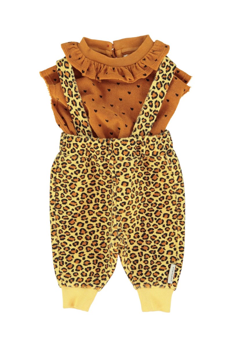 Pantalon de bebe con tirantes mostaza con estampado de animales conjunto2