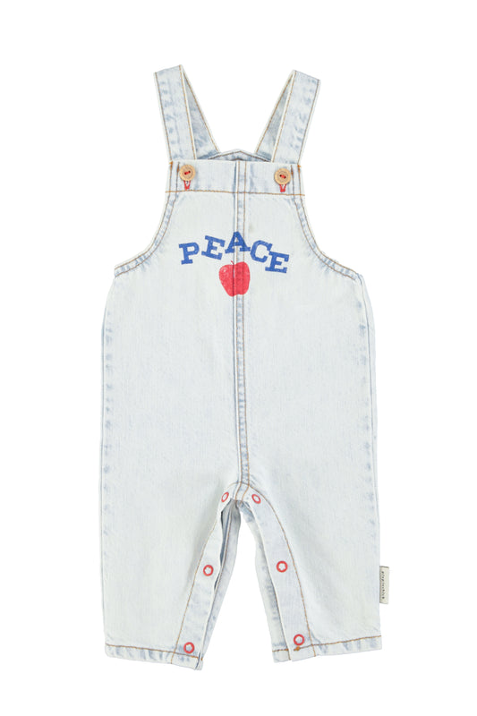 Peto denim azul claro lavado con estampado peace delantera bebe