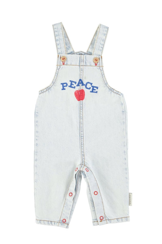 Peto denim azul claro lavado con estampado peace delantera bebe