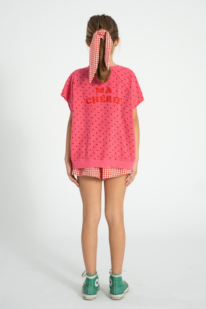 Sudadera sin mangas rosa con estampado de cerezas conjunto trasera