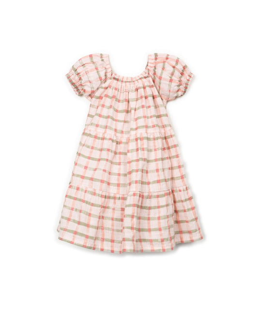 Vestido manga corta estampado cuadros trasera