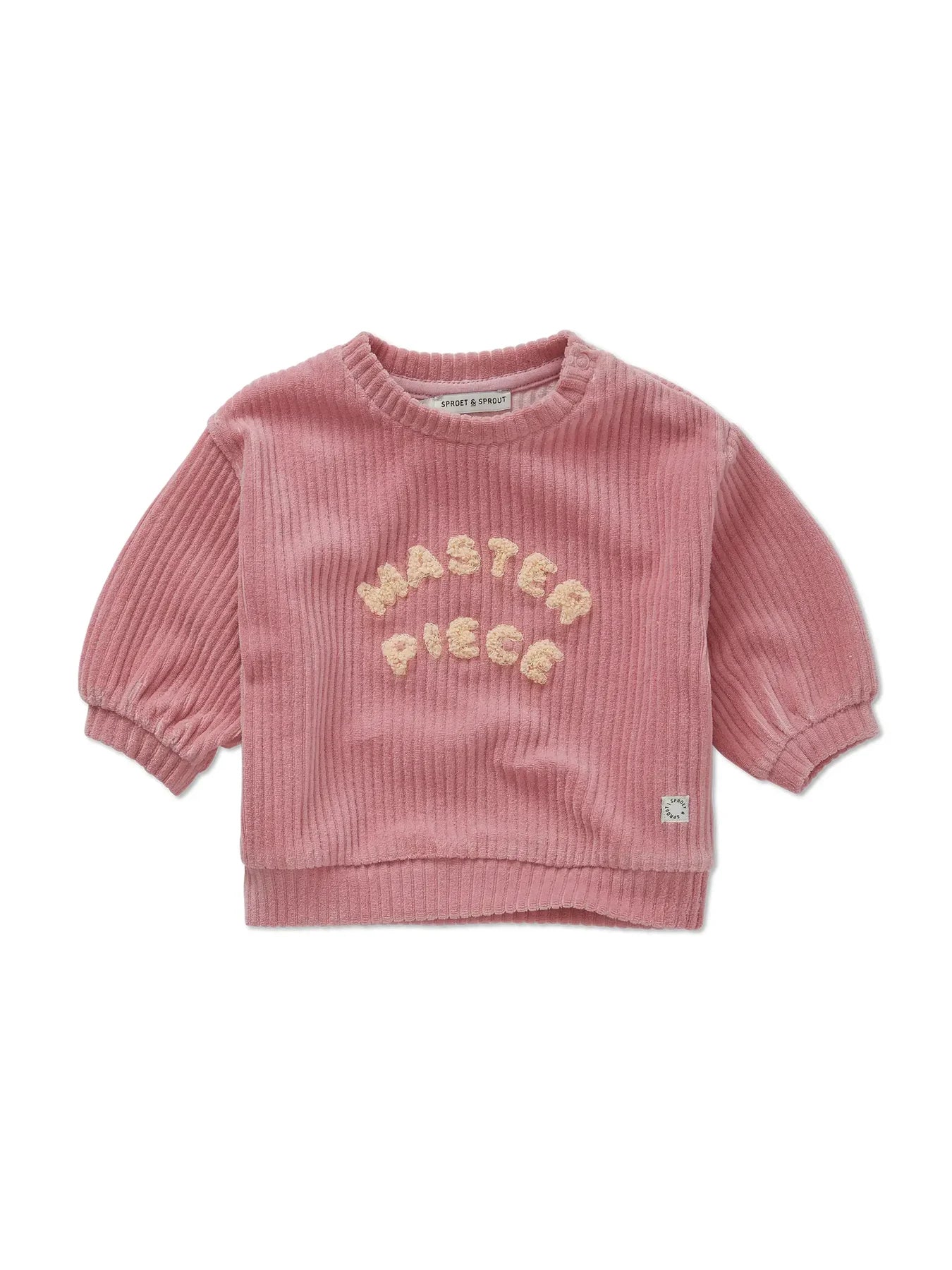 sudadera de bebé rosa empolvado Master Piece de Sproet & Sprout, vista frontal.