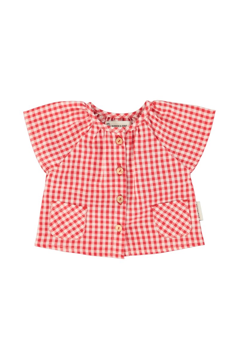 Blusa con mangas mariposa cuadros rojo y crudo delantera