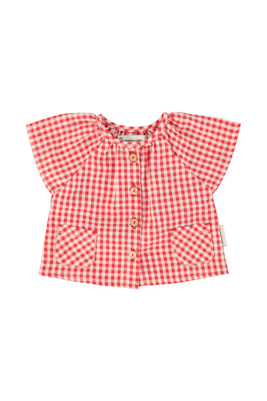 Blusa con mangas mariposa cuadros rojo y crudo delantera