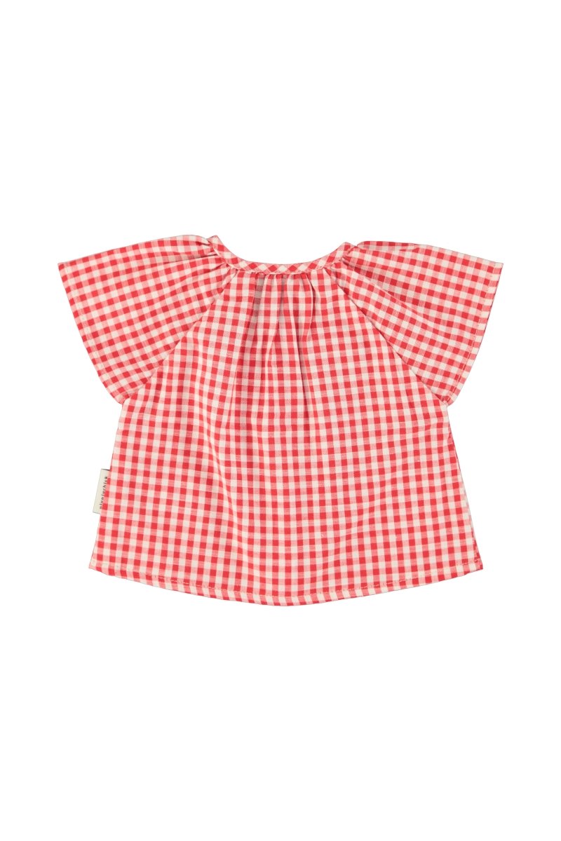 Blusa con mangas mariposa cuadros rojo y crudo trasera