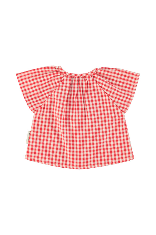 Blusa con mangas mariposa cuadros rojo y crudo trasera