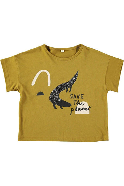 Camiseta unisex cocodrilo mostaza 100  algodon ecologico delantera