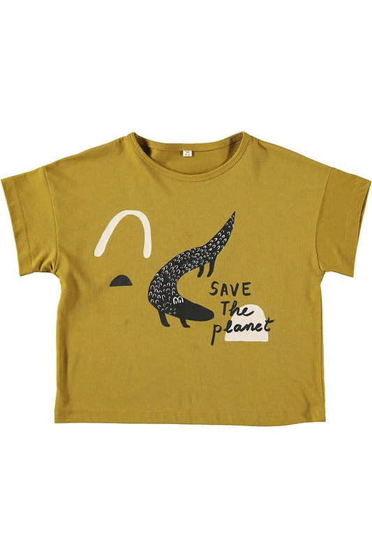 Camiseta unisex cocodrilo mostaza 100  algodon ecologico delantera