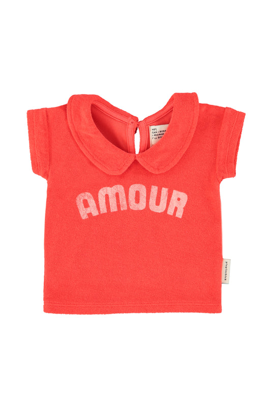 Camiseta con cuello peter pan roja con estampado amour delantera bebe