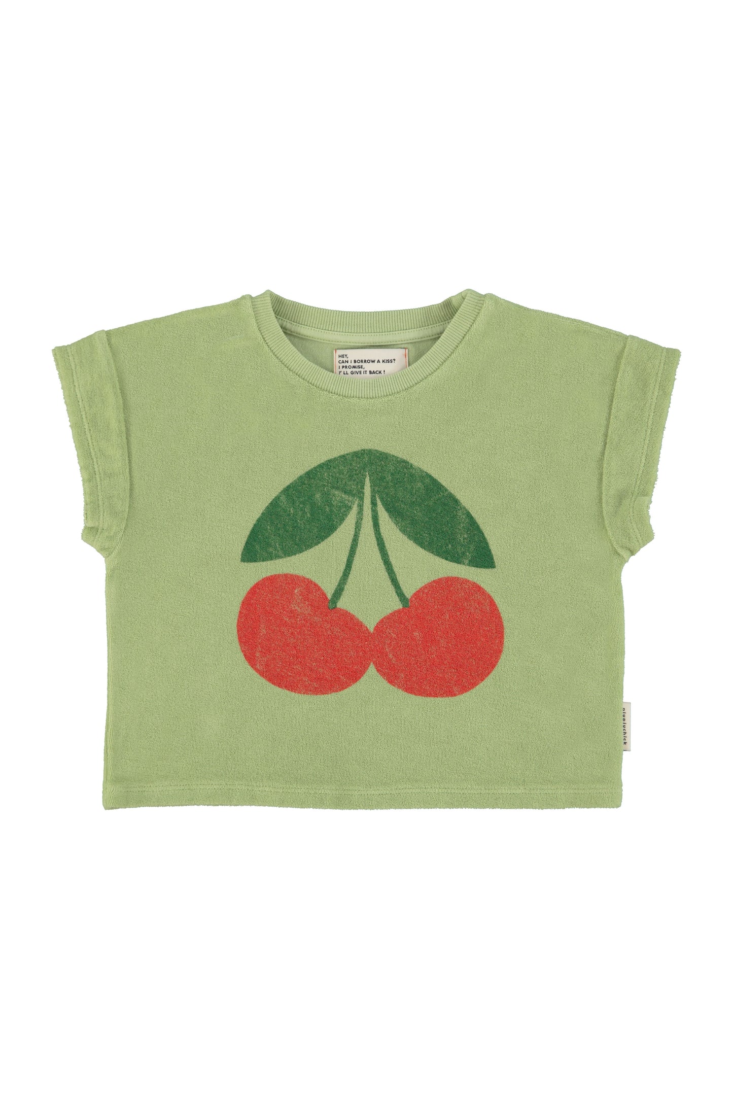 Camiseta verde oliva claro con estampado de cerezas delantera