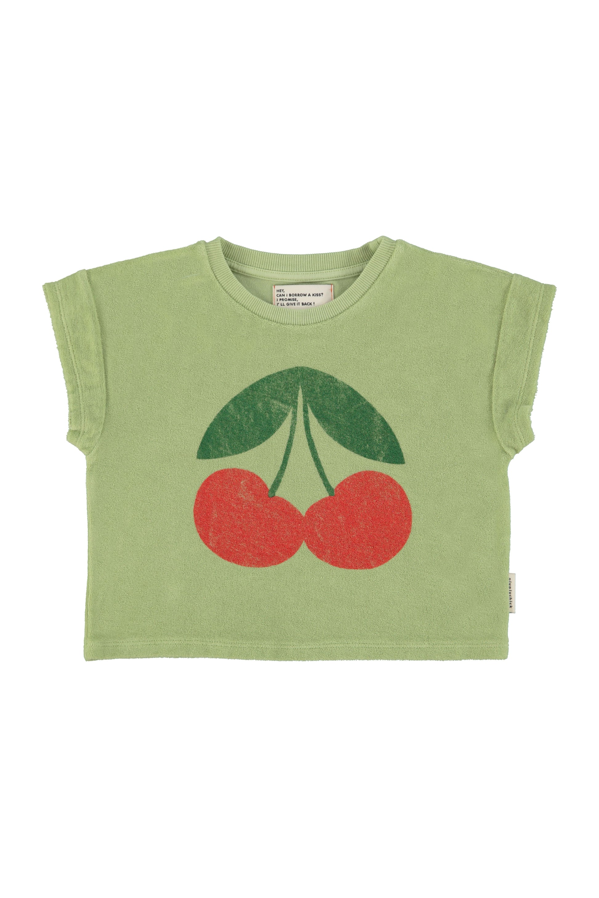 Camiseta verde oliva claro con estampado de cerezas delantera
