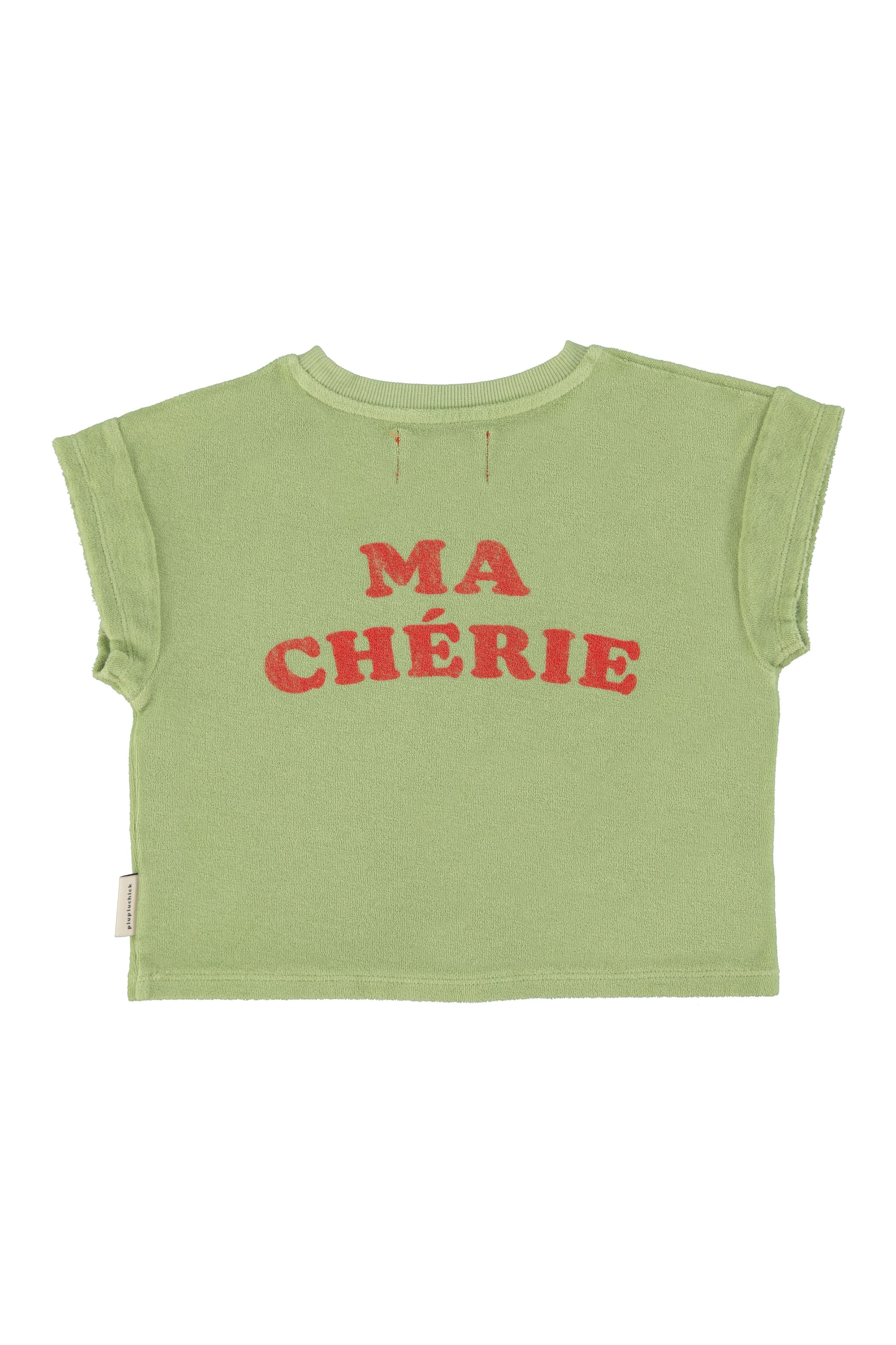 Camiseta verde oliva claro con estampado de cerezas trasera