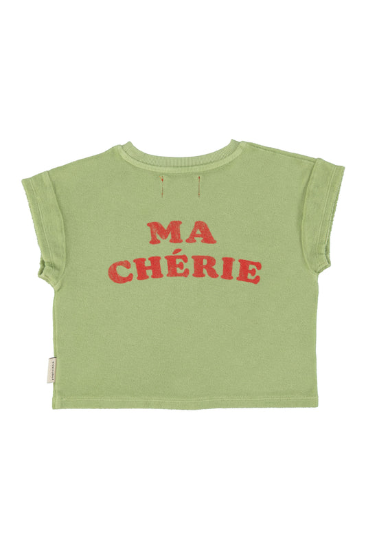 Camiseta verde oliva claro con estampado de cerezas trasera