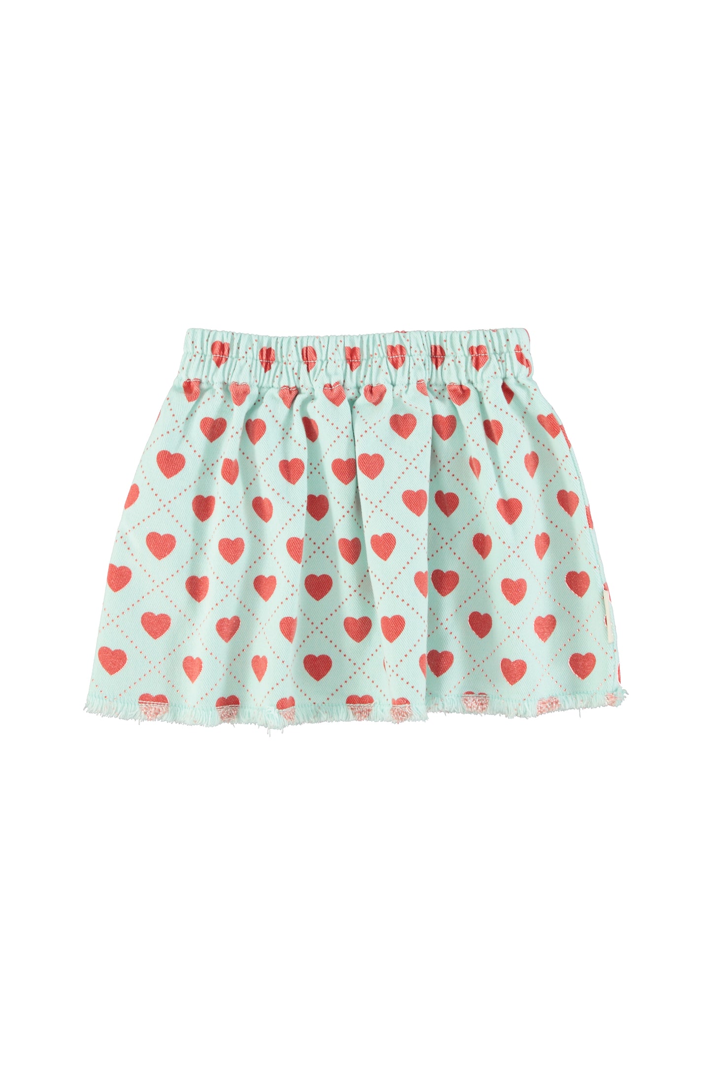 Falda corta azul claro con estampado de corazones rojos por toda la prenda delantera