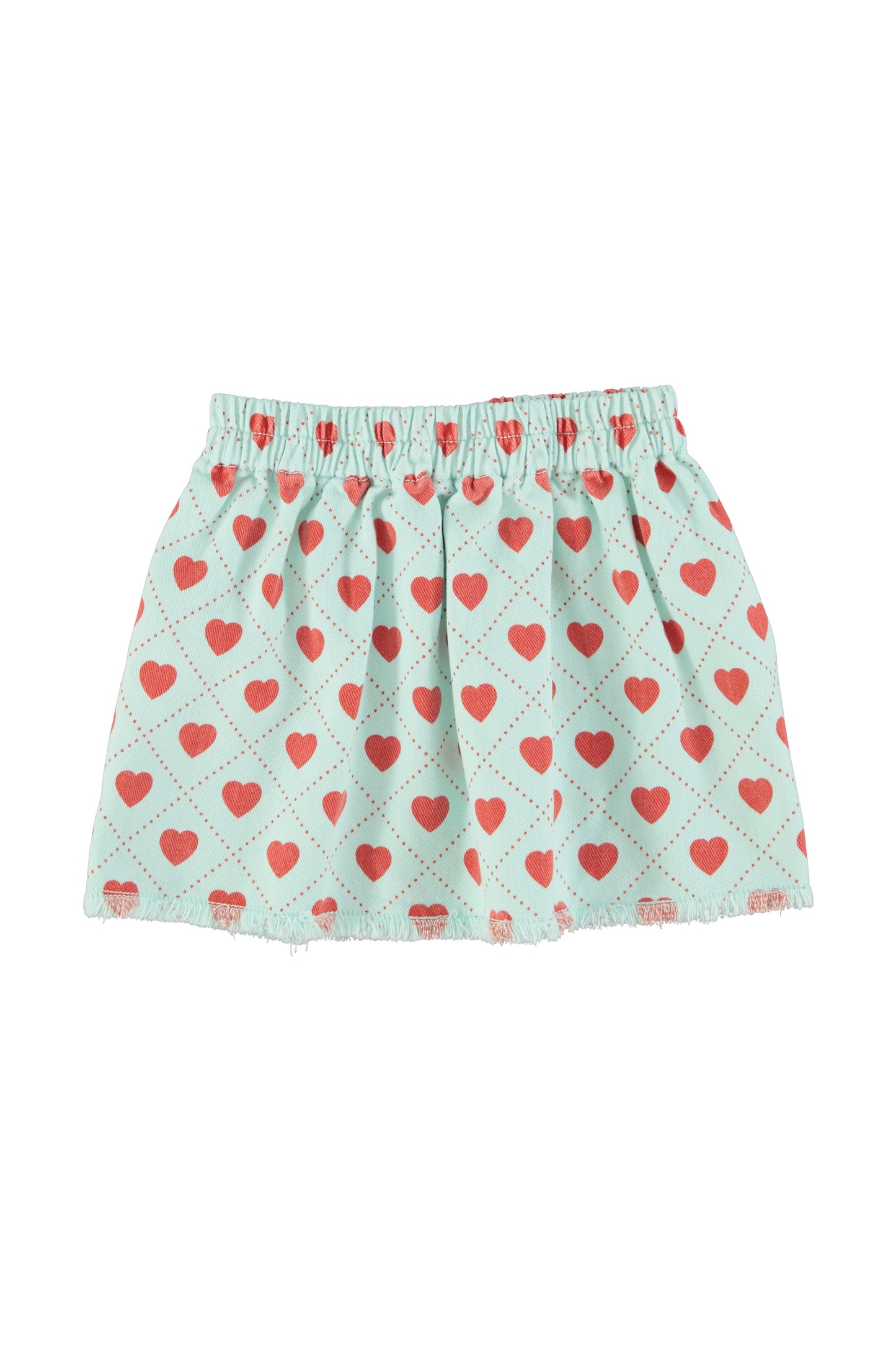 Falda corta azul claro con estampado de corazones rojos por toda la prenda trasera