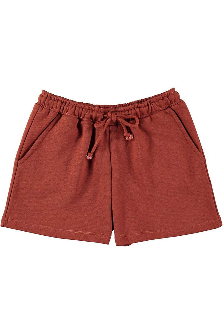 Pantalon corto rojo rooibos de lino y algodon organico delantera