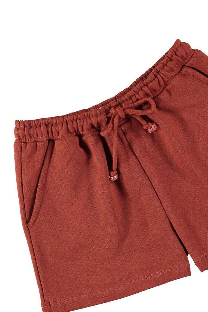 Pantalon corto rojo rooibos de lino y algodon organico detalle