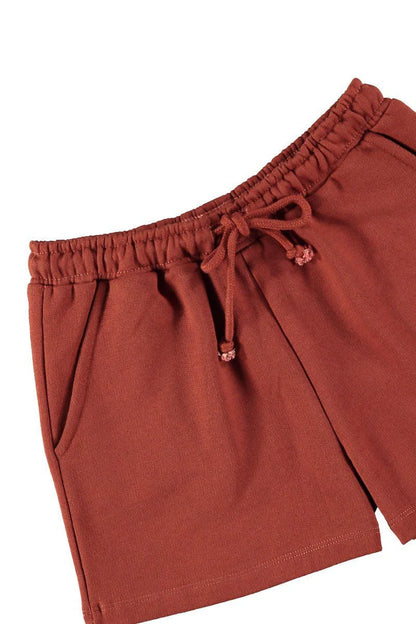 Pantalon corto rojo rooibos de lino y algodon organico detalle