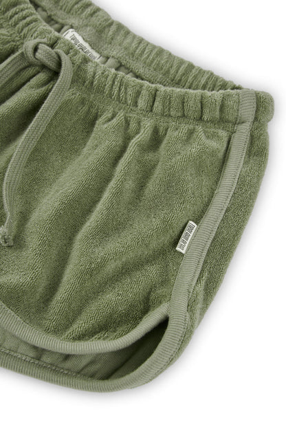 Pantalon corto huali rizo algodon organico verde jade detalle