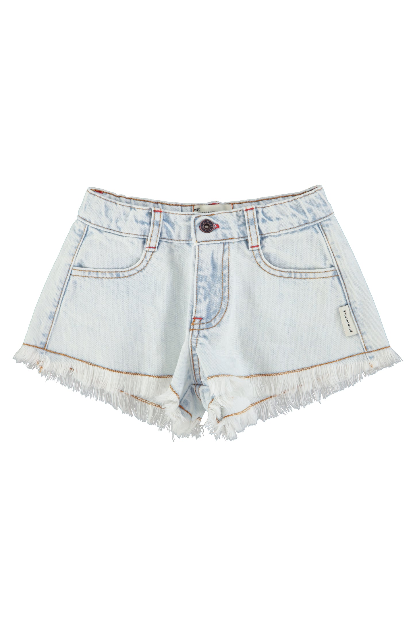 Pantalon corto con flecos denim azul claro lavado delantera