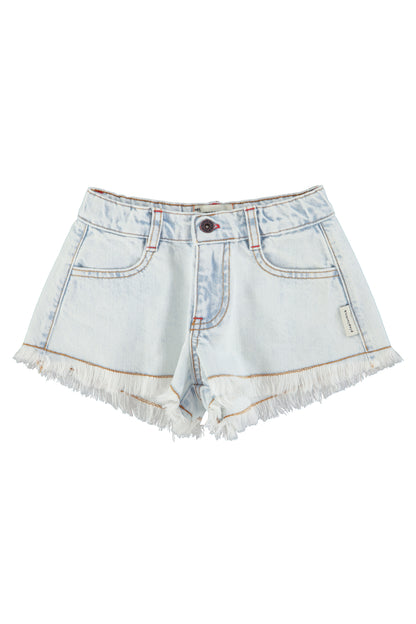 Pantalon corto con flecos denim azul claro lavado delantera