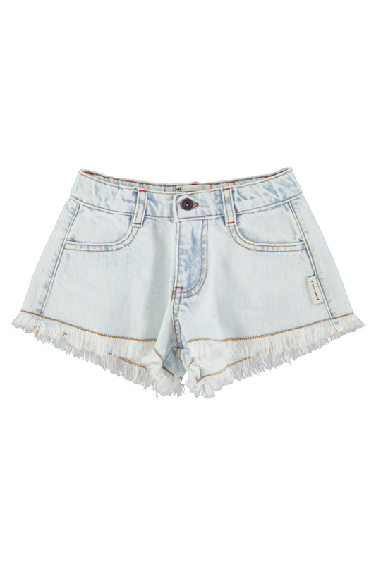 Pantalon corto con flecos denim azul claro lavado delantera
