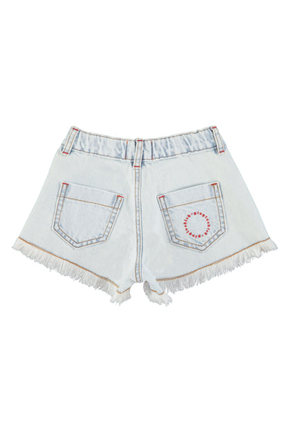 Pantalon corto con flecos denim azul claro lavado trasera