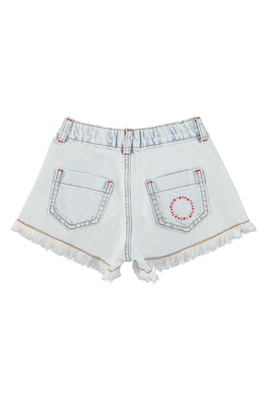 Pantalon corto con flecos denim azul claro lavado trasera