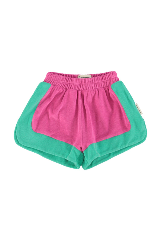 Pantalon corto fucsia y verde delantera