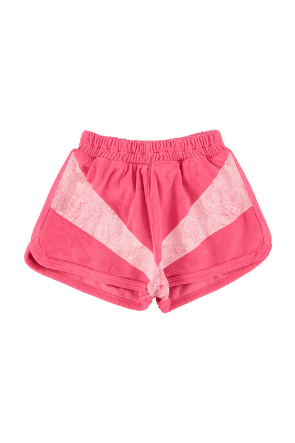 Pantalon corto rosa con estampado de rayas blanca delantera