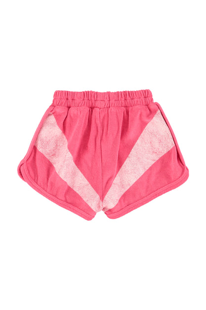 Pantalon corto rosa con estampado de rayas blanca trasera
