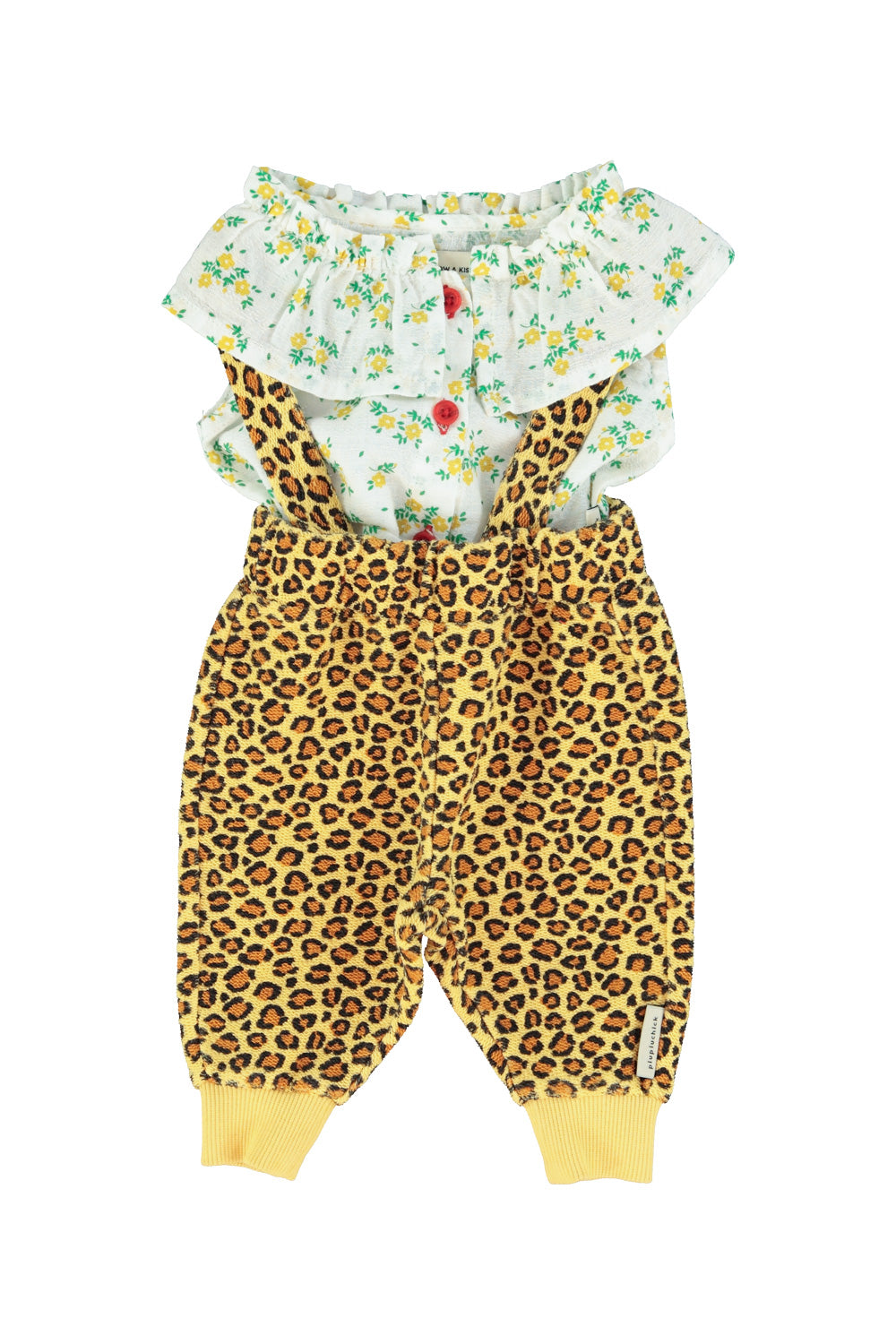 Pantalon de bebe con tirantes mostaza con estampado de animales conjunto