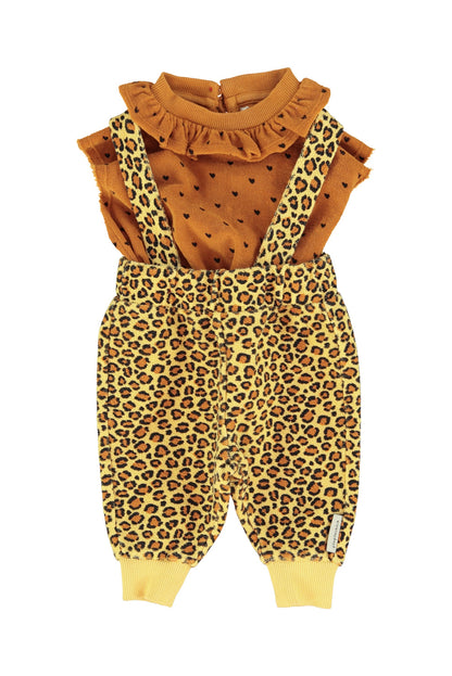 Pantalon de bebe con tirantes mostaza con estampado de animales conjunto2
