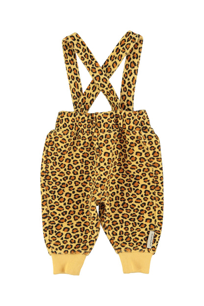 Pantalon de bebe con tirantes mostaza con estampado de animales delantera