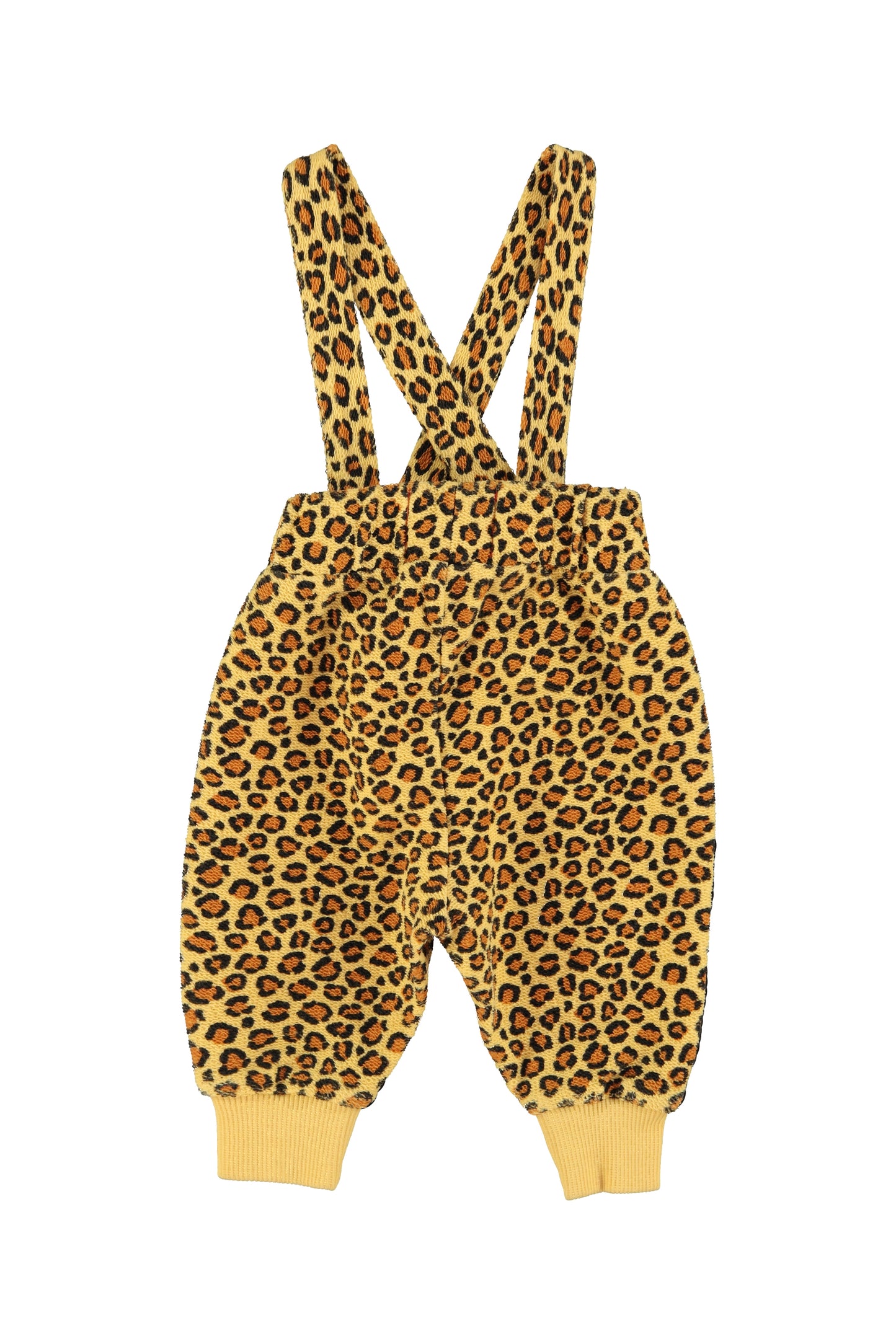 Pantalon de bebe con tirantes mostaza con estampado de animales trasera