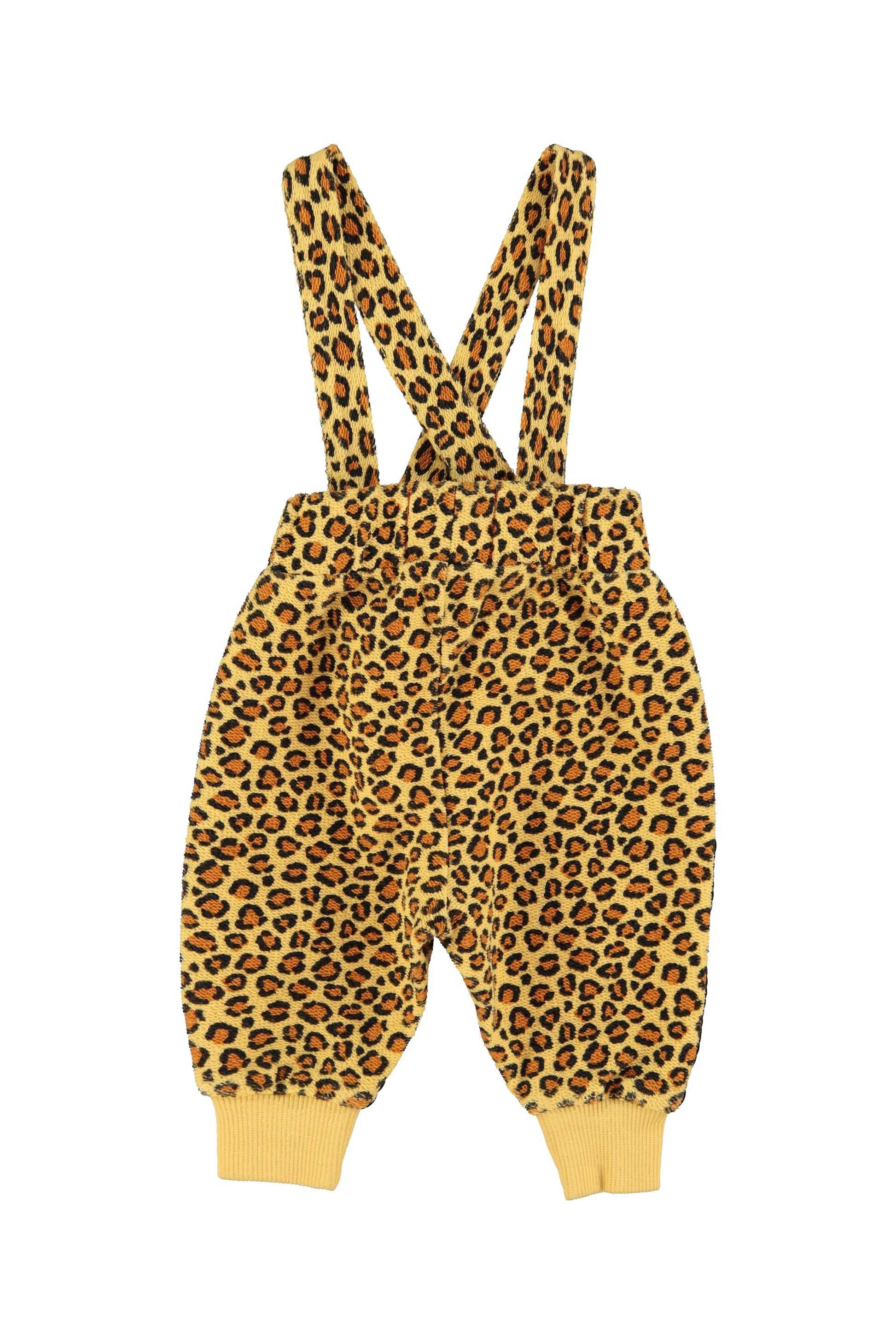 Pantalon de bebe con tirantes mostaza con estampado de animales trasera