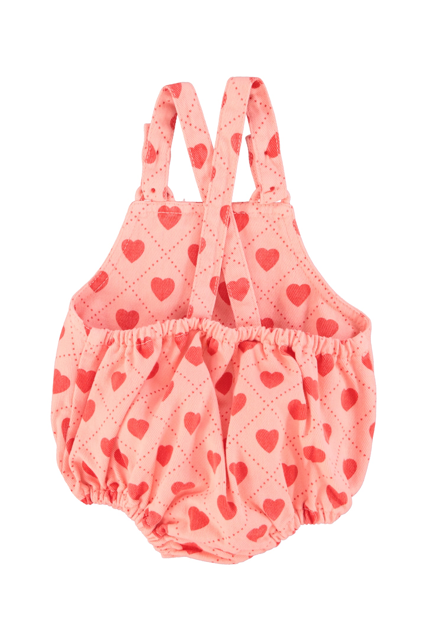 Pelele de bebe rosa con estampado de corazones rojos por toda la prenda trasera