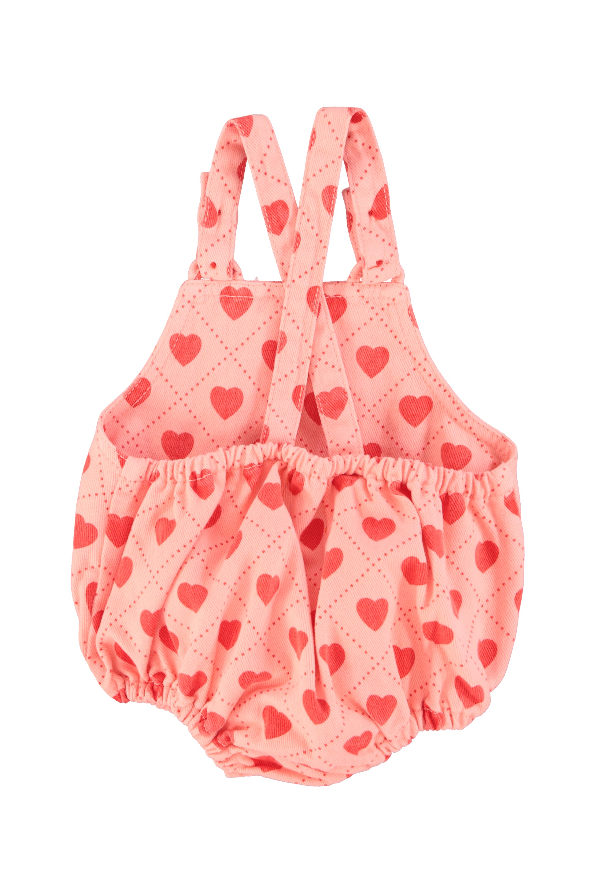 Pelele de bebe rosa con estampado de corazones rojos por toda la prenda trasera
