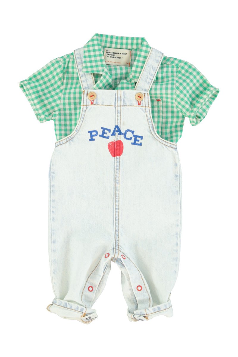 Peto denim azul claro lavado con estampado peace conjunto bebe