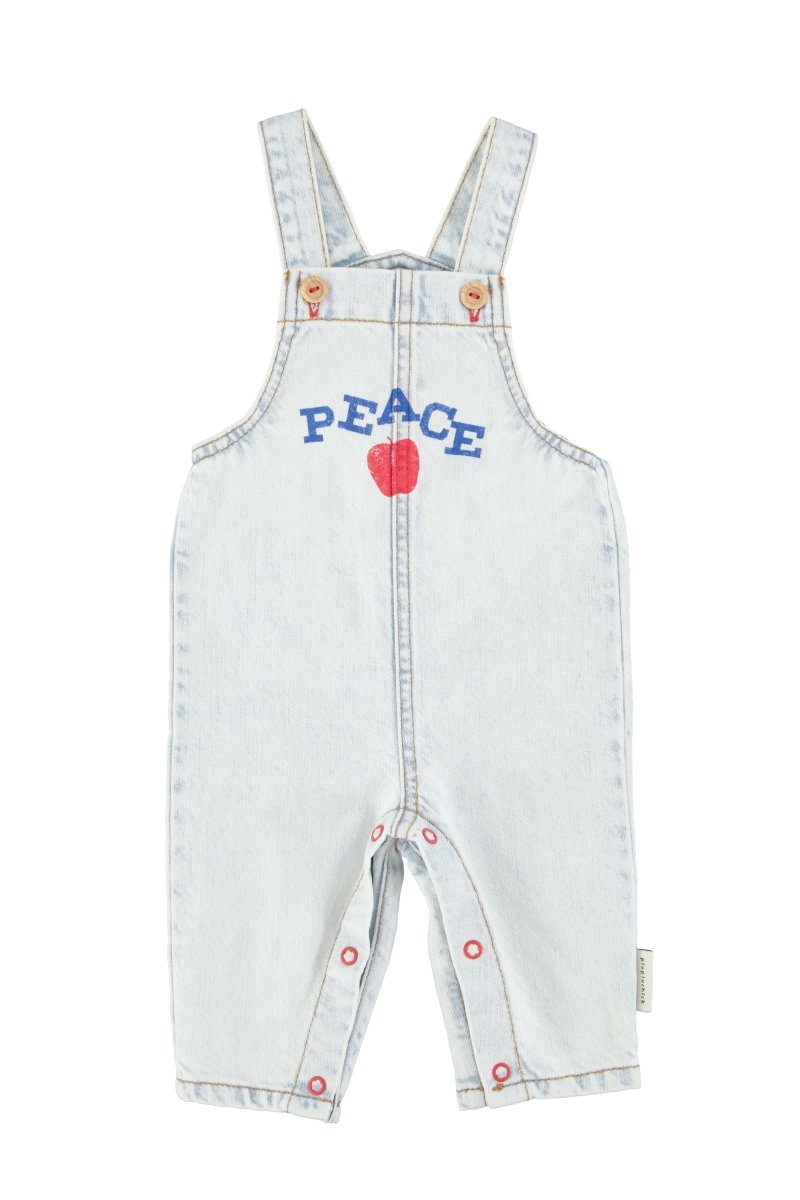 Peto denim azul claro lavado con estampado peace delantera bebe