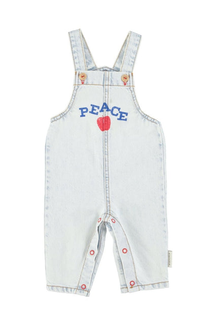Peto denim azul claro lavado con estampado peace delantera bebe