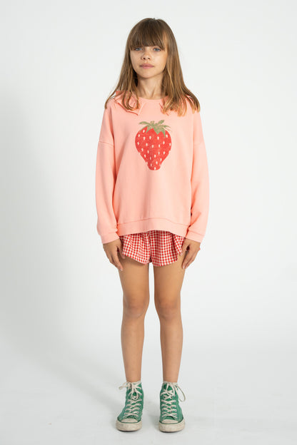 Sudadera con cuello rosa claro con estampado de fresa conjunto delantera
