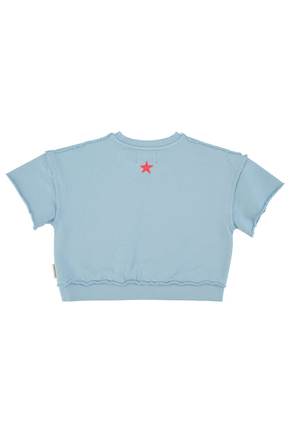 Sudadera de manga corta azul con estampado a trasera