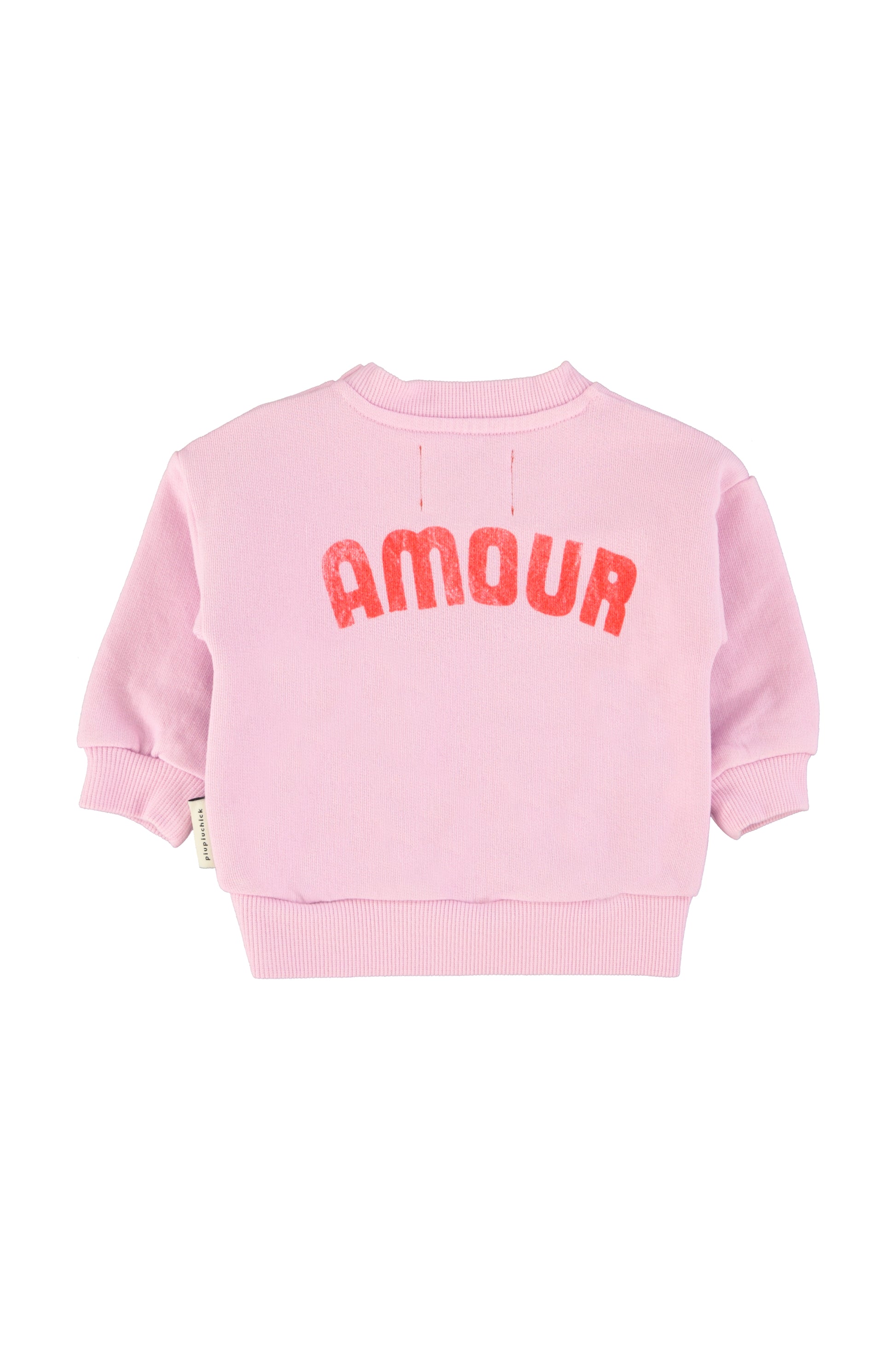 Sudadera lila con estampado de corazon rojo trasera