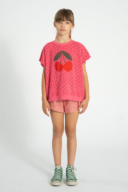 Sudadera sin mangas rosa con estampado de cerezas conjunto delantera