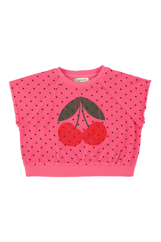 Sudadera sin mangas rosa con estampado de cerezas delantera