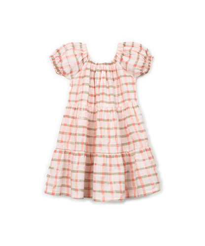 Vestido manga corta estampado cuadros delantera
