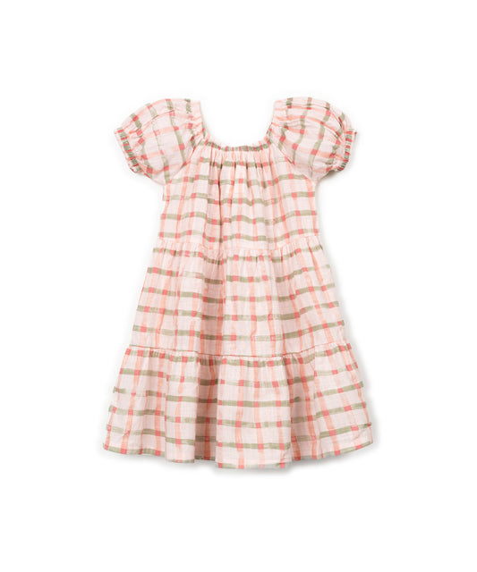 Vestido manga corta estampado cuadros delantera